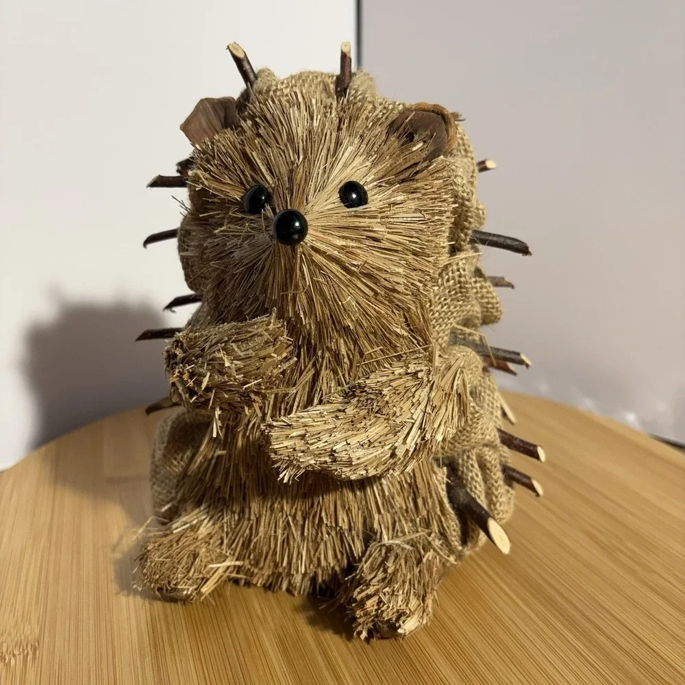 Hand Crafted Hedgehog Natural Twig Straw Burlap Figurine Brown Porcupine Animal